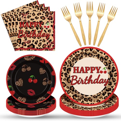 Cogniplay 96Pcs Cheetah Print Party Supplies Set Leopard Birthday Plates and Napkins Red Black Cherry Theme Disposable Tableware for Girls Women Birthday Wedding Coquette Party Decorations - Image 1