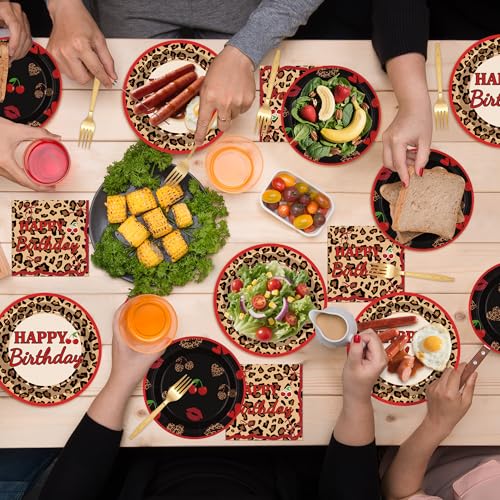 Cogniplay 96Pcs Cheetah Print Party Supplies Set Leopard Birthday Plates and Napkins Red Black Cherry Theme Disposable Tableware for Girls Women Birthday Wedding Coquette Party Decorations - Image 4