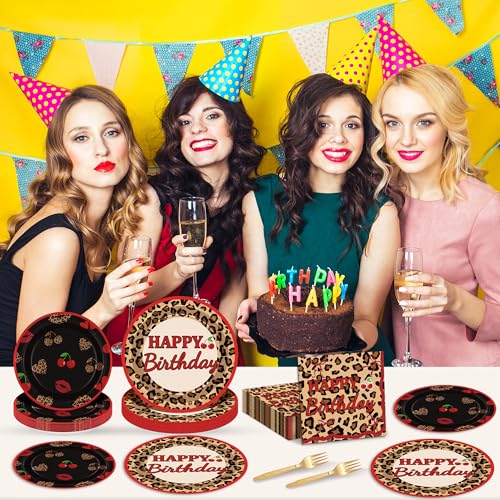 Cogniplay 96Pcs Cheetah Print Party Supplies Set Leopard Birthday Plates and Napkins Red Black Cherry Theme Disposable Tableware for Girls Women Birthday Wedding Coquette Party Decorations - Image 5