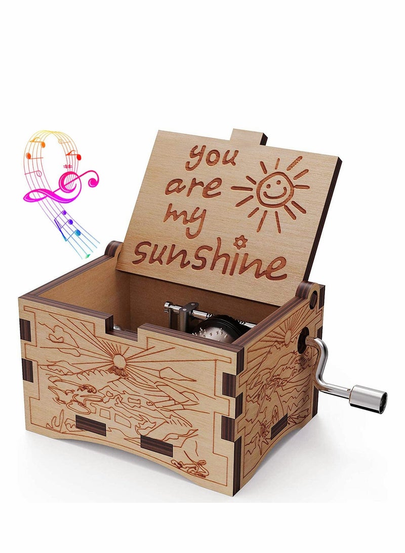 Excefore Wooden Music Box, Wooden Engraved Vintage Hand Cranked Music Boxes, Gift for Child Toddler Girls Daughter Mother Love Women(You are My Sunshine) - Image 1