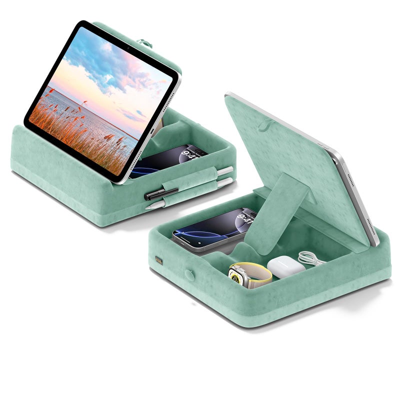 KDD Tablet Pillow Stand with Storage, Foldable iPad Holder for Bed, Lap and Desk, Angle Adjustable Soft Pad Dock with Stylus Mount Compatible with iPad Pro 12.9, 11, Air, Mini, Phones, Books (Green) - Image 1