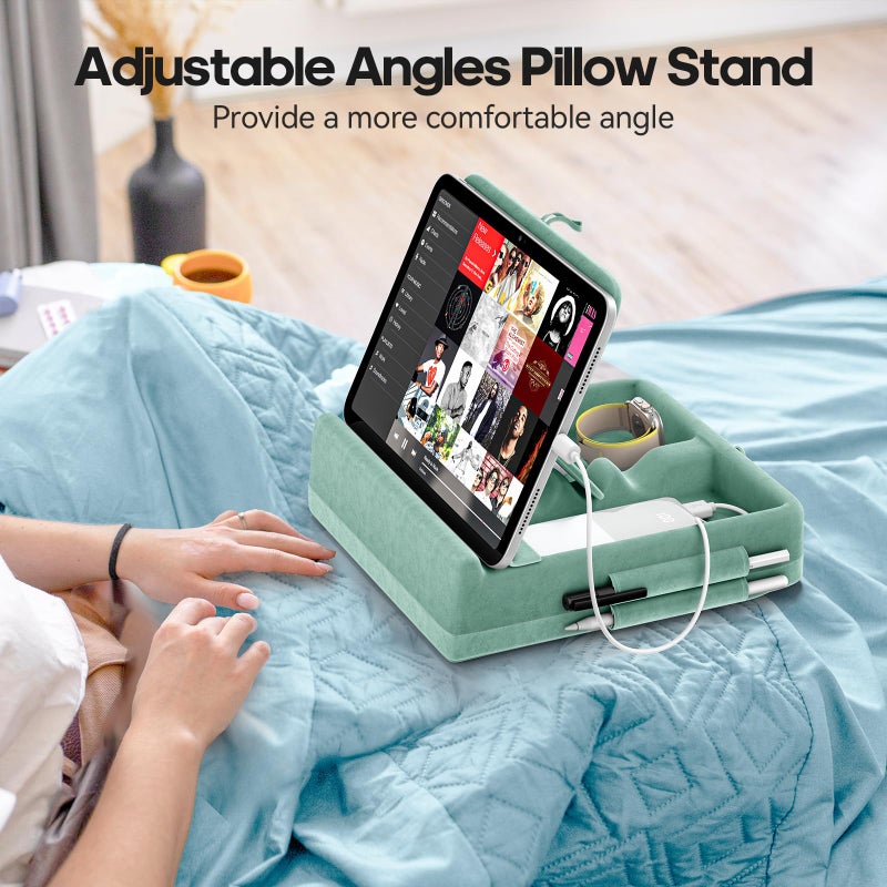 KDD Tablet Pillow Stand with Storage, Foldable iPad Holder for Bed, Lap and Desk, Angle Adjustable Soft Pad Dock with Stylus Mount Compatible with iPad Pro 12.9, 11, Air, Mini, Phones, Books (Green) - Image 3