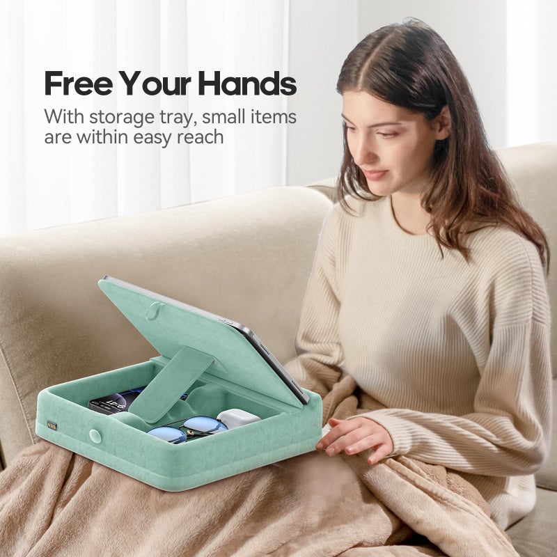 KDD Tablet Pillow Stand with Storage, Foldable iPad Holder for Bed, Lap and Desk, Angle Adjustable Soft Pad Dock with Stylus Mount Compatible with iPad Pro 12.9, 11, Air, Mini, Phones, Books (Green) - Image 2