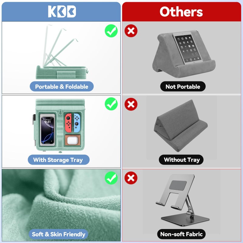 KDD Tablet Pillow Stand with Storage, Foldable iPad Holder for Bed, Lap and Desk, Angle Adjustable Soft Pad Dock with Stylus Mount Compatible with iPad Pro 12.9, 11, Air, Mini, Phones, Books (Green) - Image 5