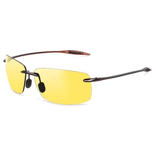 JULI Eyewear JULI Sports Sunglasses for Men Women TR90 Rimless Frame for Running Fishing Golf Surf Driving 8009 (Brown/Night Vison) - Image 1