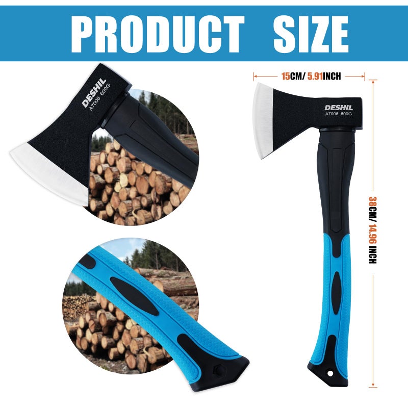 DESHIL Chopping Axe, 15â€Outdoor Hatchet Forged Carbon Steel Heat Treated Hand Maul Tool, Fiberglass Shock Reduction Handle with Anti-Slip Grip, Blue - Image 3