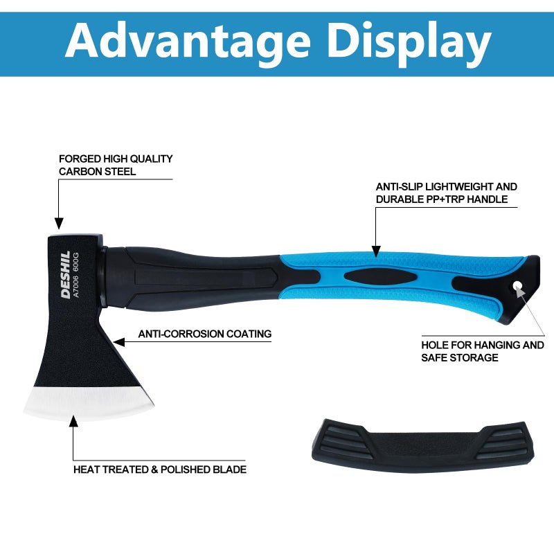 DESHIL Chopping Axe, 15â€Outdoor Hatchet Forged Carbon Steel Heat Treated Hand Maul Tool, Fiberglass Shock Reduction Handle with Anti-Slip Grip, Blue - Image 2