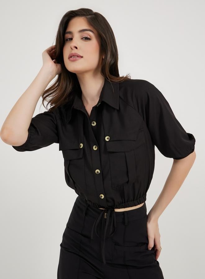 ستايلي بلوزة قصيرة بأكمام بالون مع رباط وجيوب - Image 1