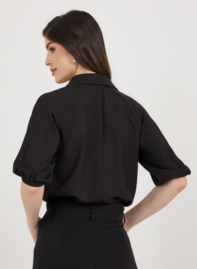 ستايلي بلوزة قصيرة بأكمام بالون مع رباط وجيوب - Image 4