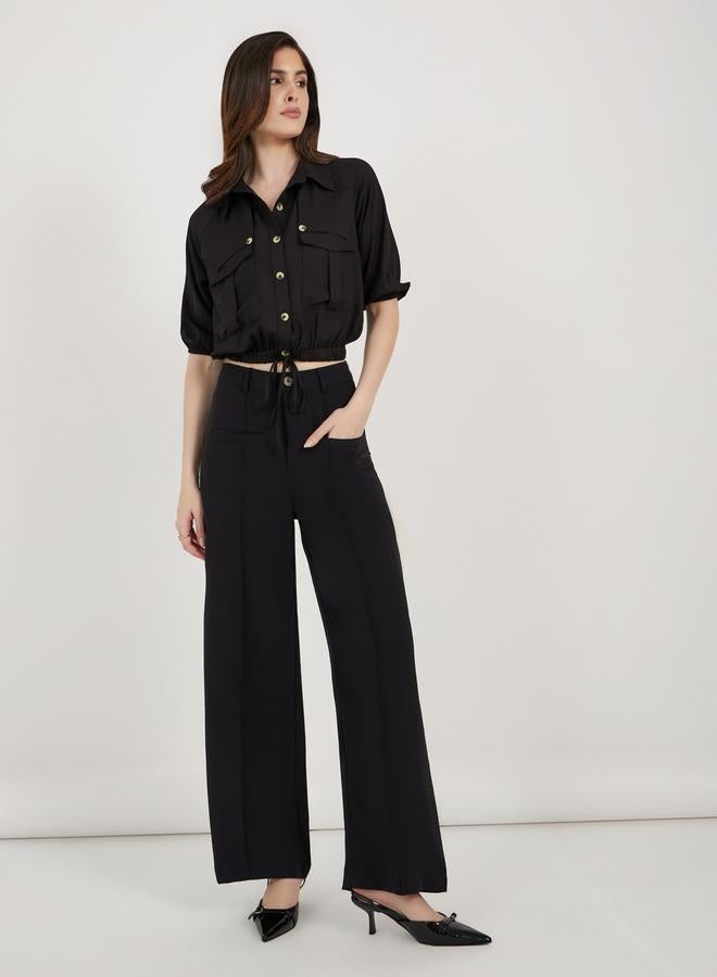 ستايلي بلوزة قصيرة بأكمام بالون مع رباط وجيوب - Image 2