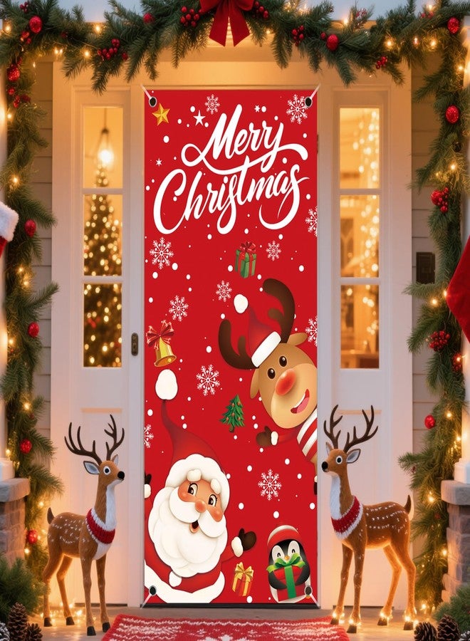REDWORD Christmas Door Cover, 79x35Inch Santa Claus Elk Christmas Door Decorations Reusable Merry Christmas Front Door Banner Backdrop Outdoor Sign for Xmas Home Office Wall Doors Party Decorations - Image 1