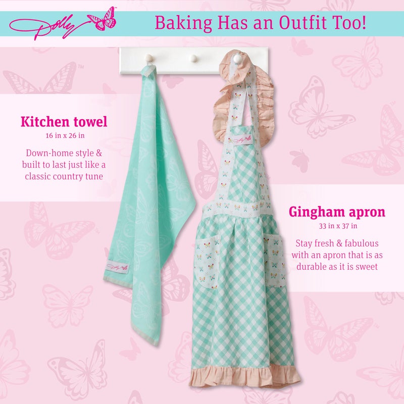 Dolly Parton Kitchenware Apron Kitchen Towel Set, 100% Cotton Cute Chef Apron and a Jacquard Woven Kitchen towel, Made with a Beautiful Pattern for Your Kitchen DÃ©cor - Teal Plaid and Butterfly - Image 2