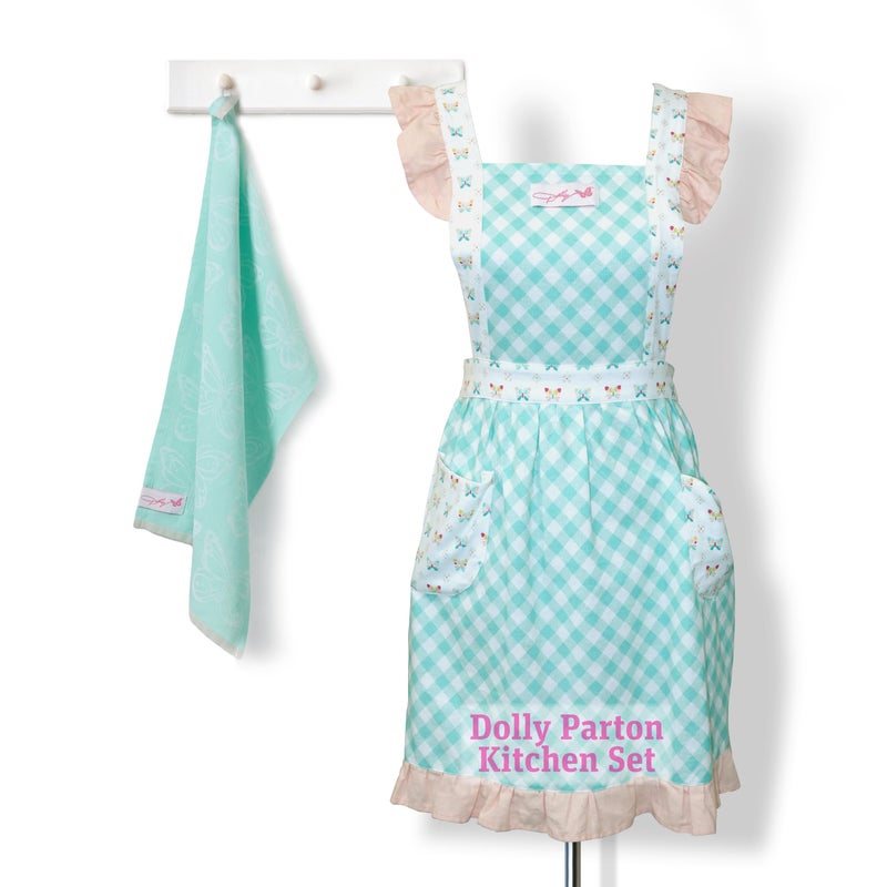 Dolly Parton Kitchenware Apron Kitchen Towel Set, 100% Cotton Cute Chef Apron and a Jacquard Woven Kitchen towel, Made with a Beautiful Pattern for Your Kitchen DÃ©cor - Teal Plaid and Butterfly - Image 1