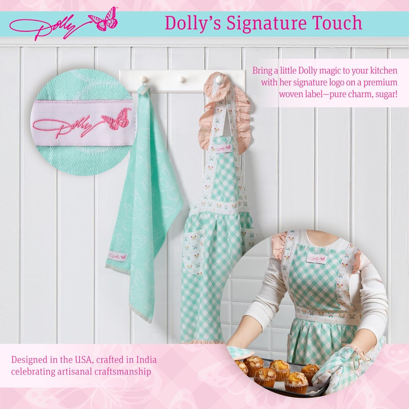 Dolly Parton Kitchenware Apron Kitchen Towel Set, 100% Cotton Cute Chef Apron and a Jacquard Woven Kitchen towel, Made with a Beautiful Pattern for Your Kitchen DÃ©cor - Teal Plaid and Butterfly - Image 5