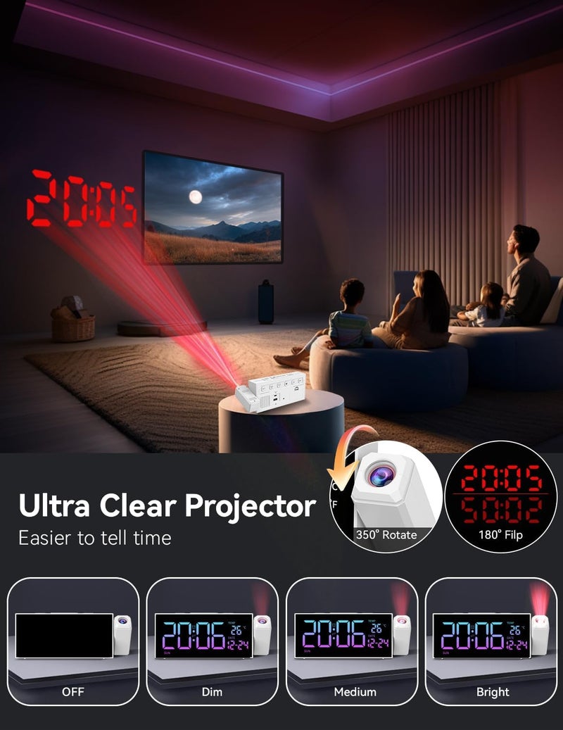 Netzu Projection Clock for Bedroom Ceiling, Alarm Clocks with 180° Rotatable Projector, Date Temperature and Weekday, Manual DST, 5 Brightness, 10 Ringtones, 4 Volumes (White RGB) - Image 2