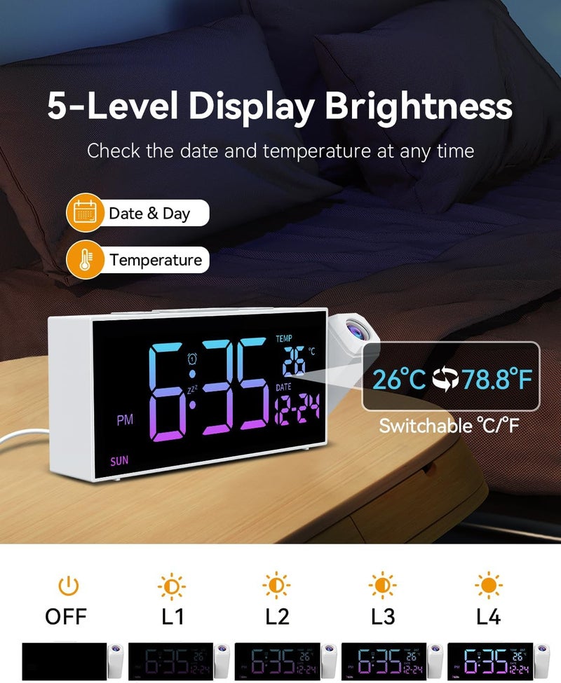 Netzu Projection Clock for Bedroom Ceiling, Alarm Clocks with 180° Rotatable Projector, Date Temperature and Weekday, Manual DST, 5 Brightness, 10 Ringtones, 4 Volumes (White RGB) - Image 5