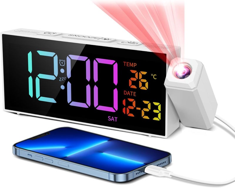 Netzu Projection Clock for Bedroom Ceiling, Alarm Clocks with 180° Rotatable Projector, Date Temperature and Weekday, Manual DST, 5 Brightness, 10 Ringtones, 4 Volumes (White RGB) - Image 1