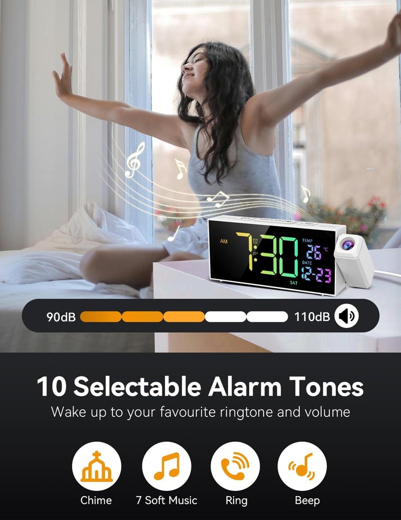 Netzu Projection Clock for Bedroom Ceiling, Alarm Clocks with 180° Rotatable Projector, Date Temperature and Weekday, Manual DST, 5 Brightness, 10 Ringtones, 4 Volumes (White RGB) - Image 3