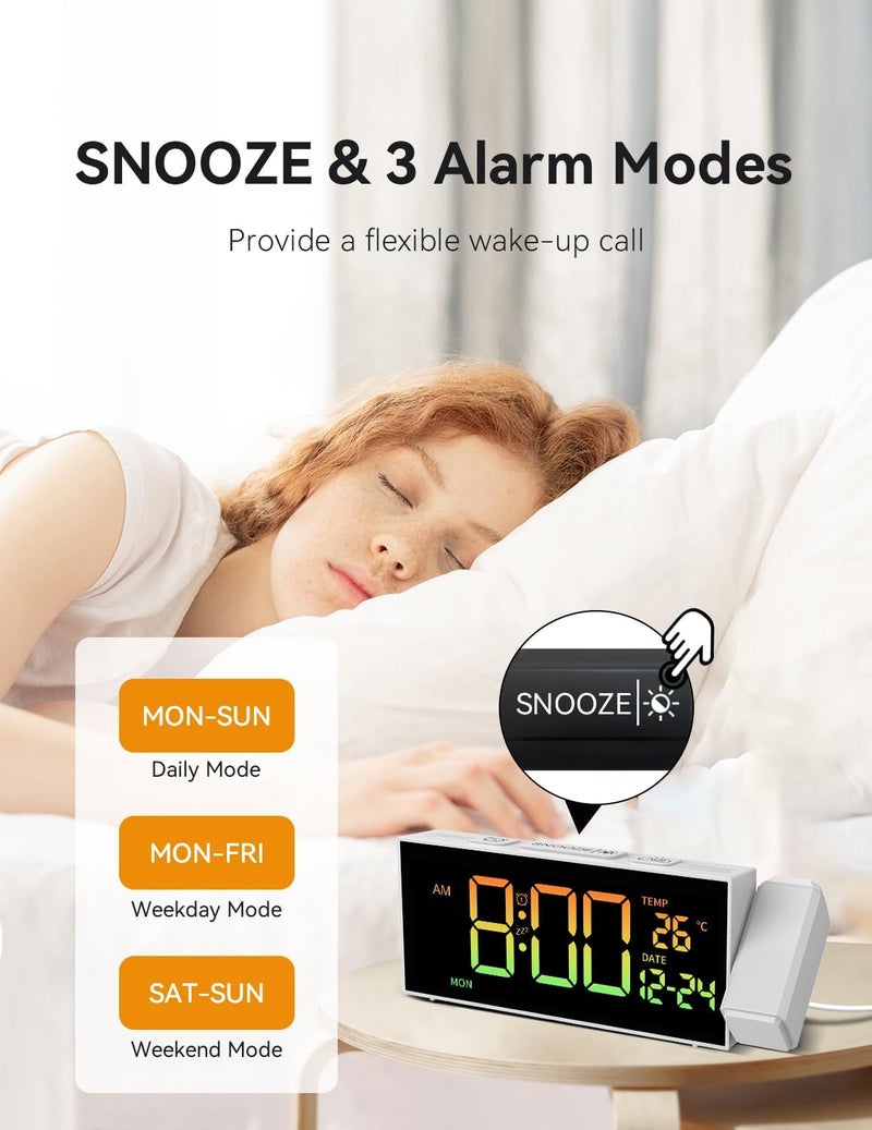 Netzu Projection Clock for Bedroom Ceiling, Alarm Clocks with 180° Rotatable Projector, Date Temperature and Weekday, Manual DST, 5 Brightness, 10 Ringtones, 4 Volumes (White RGB) - Image 4