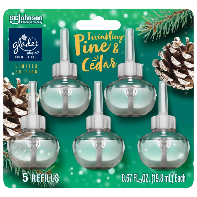 Glade PlugIns Refills Air Freshener, Scented and Essential Oils for Home and Bathroom, Twinkling Pine & Cedar, 3.35 Fl Oz, 5 Count - Image 1