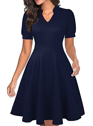 Mokayee Puff Sleeve Dress for Womens Navy Summer Short Sleeve Semi-Formal Knee Length Flattering Church Business Casual Modest Cocktail Dinner Office Wear to Work Wedding Guest Dresses with Pockets S - Image 4