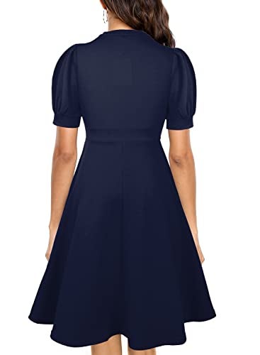 Mokayee Puff Sleeve Dress for Womens Navy Summer Short Sleeve Semi-Formal Knee Length Flattering Church Business Casual Modest Cocktail Dinner Office Wear to Work Wedding Guest Dresses with Pockets S - Image 2