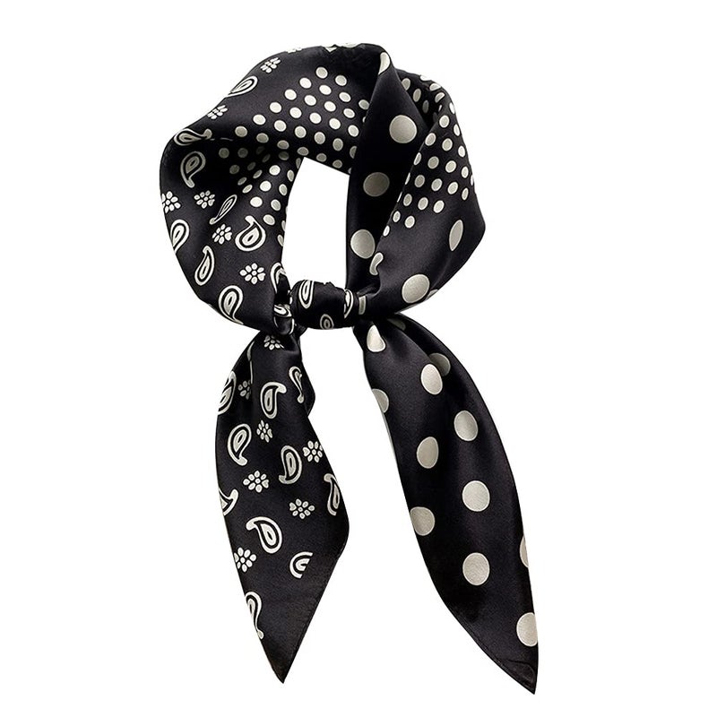 MEISEE 100% Pure Mulberry Silk Square Scarf 26"x26"-65CM Head Scarf for Women Natural Silk Neckerchief Printed Headscarf (Black cashew dots) - Image 1