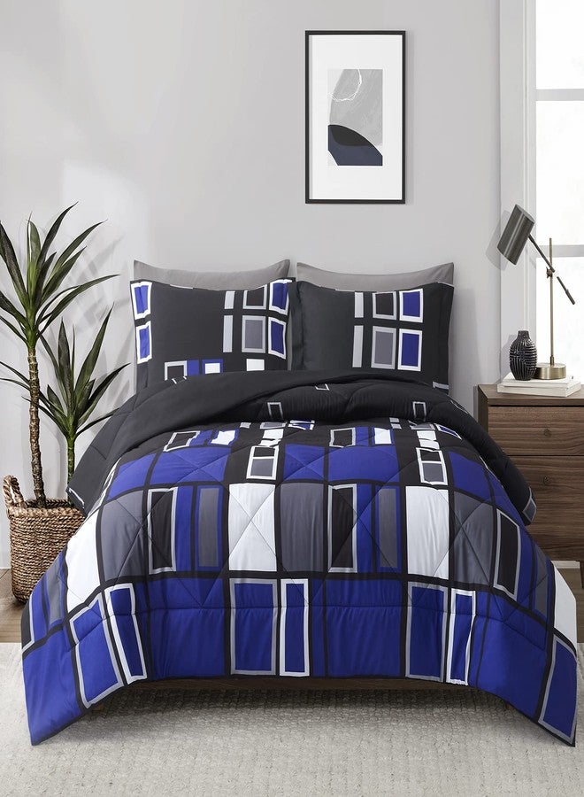ARTALL Microfiber 3 Pieces Comforter Set Blue Gray Black Plaid Pattern Lightweight Bedding Set, King Size with 2 Shams - Image 3