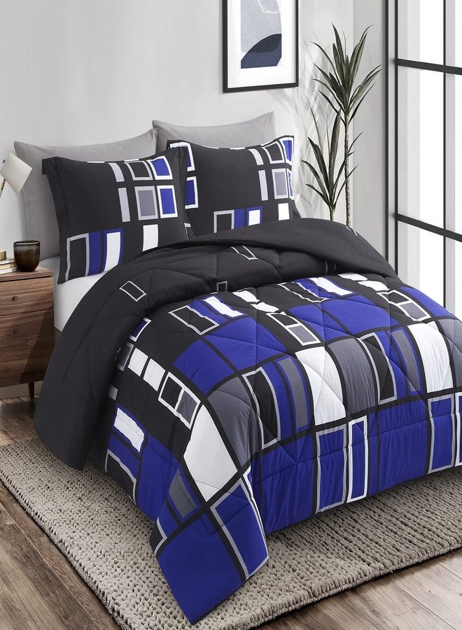 ARTALL Microfiber 3 Pieces Comforter Set Blue Gray Black Plaid Pattern Lightweight Bedding Set, King Size with 2 Shams - Image 1