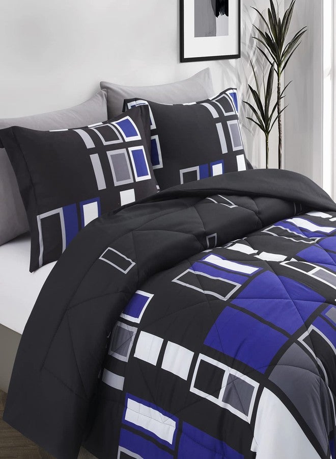 ARTALL Microfiber 3 Pieces Comforter Set Blue Gray Black Plaid Pattern Lightweight Bedding Set, King Size with 2 Shams - Image 2