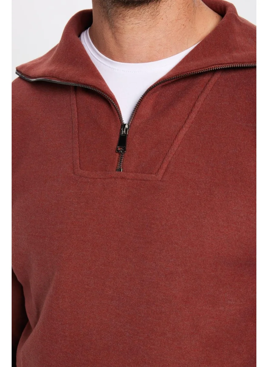 Tudors Unisex Relax Fit Casual Cut Patterned Cotton Half Zipper Brick Color Stand Collar Sweatshirt