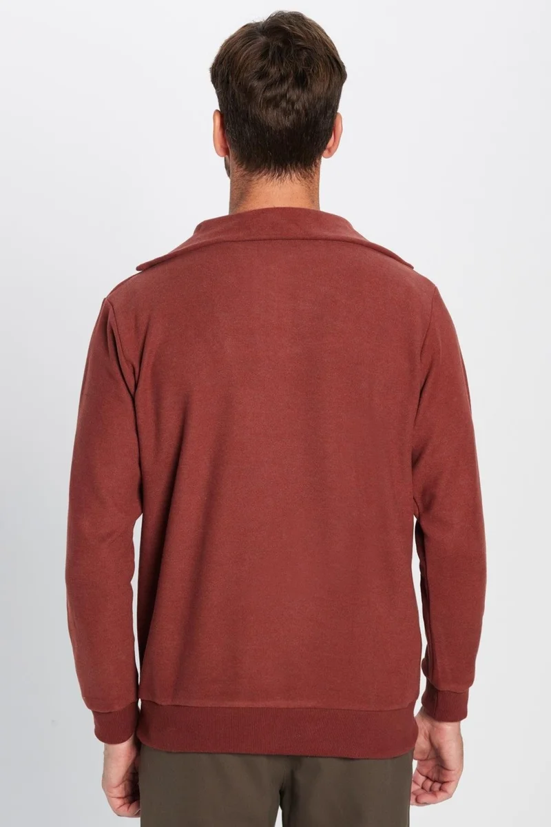 Tudors Unisex Relax Fit Casual Cut Patterned Cotton Half Zipper Brick Color Stand Collar Sweatshirt
