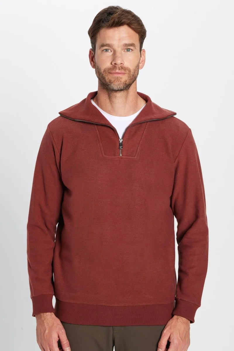 Tudors Unisex Relax Fit Casual Cut Patterned Cotton Half Zipper Brick Color Stand Collar Sweatshirt