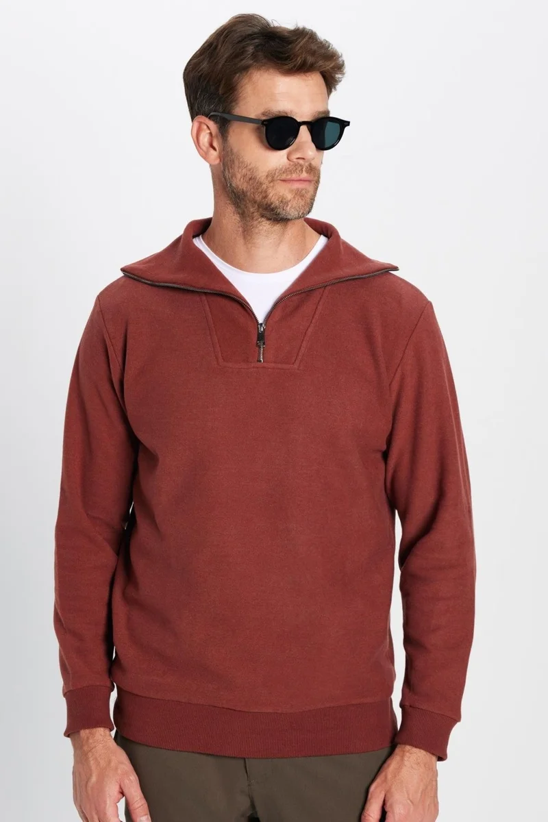 Tudors Unisex Relax Fit Casual Cut Patterned Cotton Half Zipper Brick Color Stand Collar Sweatshirt