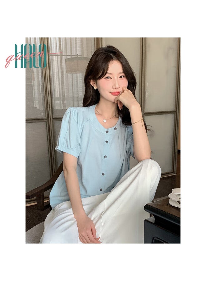 HALOQUEEN Halo Queen Short-sleeve Blouse For Women, Round Neck, Asymmetric Design, Suitable For Commuting And Interviews, Casual Style Top H52s035 - Image 5