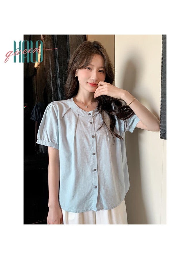 HALOQUEEN Halo Queen Short-sleeve Blouse For Women, Round Neck, Asymmetric Design, Suitable For Commuting And Interviews, Casual Style Top H52s035 - Image 1