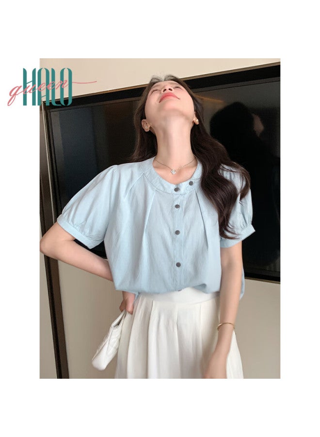 HALOQUEEN Halo Queen Short-sleeve Blouse For Women, Round Neck, Asymmetric Design, Suitable For Commuting And Interviews, Casual Style Top H52s035 - Image 3