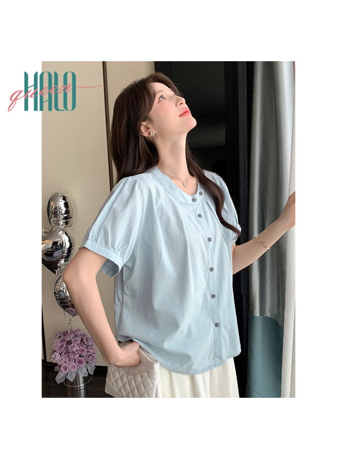 HALOQUEEN Halo Queen Short-sleeve Blouse For Women, Round Neck, Asymmetric Design, Suitable For Commuting And Interviews, Casual Style Top H52s035 - Image 4