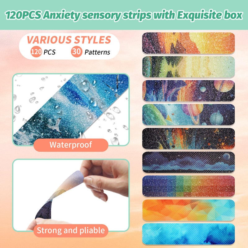 TOEMUR 120 Pieces Anxiety Sensory Stickers with 2 Textured Sticker - Desk Fidget and Calming Stickers with Storage Box for Adults & Teens - Anxiety Relief Sensory Strips (Colorful) - Image 2