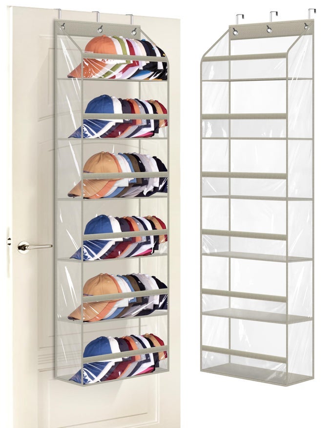 CLEAR OVER THE DOOR HAT RACKS FOR BASEBALL CAPS LARGE HOLDS UP TO 72 CAPS HAT STORAGE ORGANIZER FOR CLOSET WALL DEEP POCKETS HANGING SNAPBACK HOLDER SHELVES WITH 3 HOOKS GREY