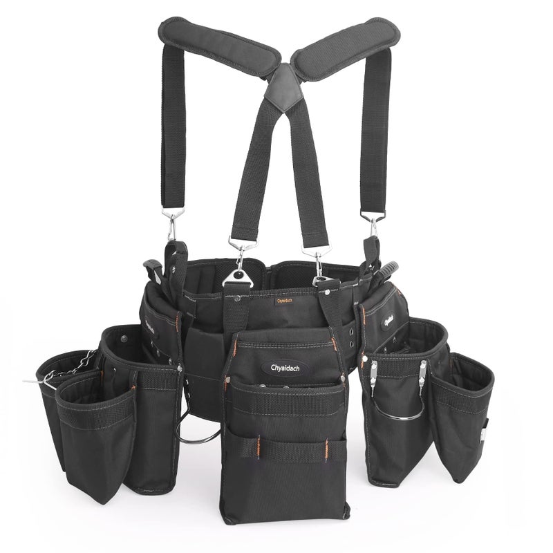 Chyaidach 16-Pockets Tool Belts for man with Suspenders, Detachable & Adjustable Tool Pouches Bag & Back Support Tool belt Combo For Electrician/Carpenter/Construction/Framers/Handyman - Image 1