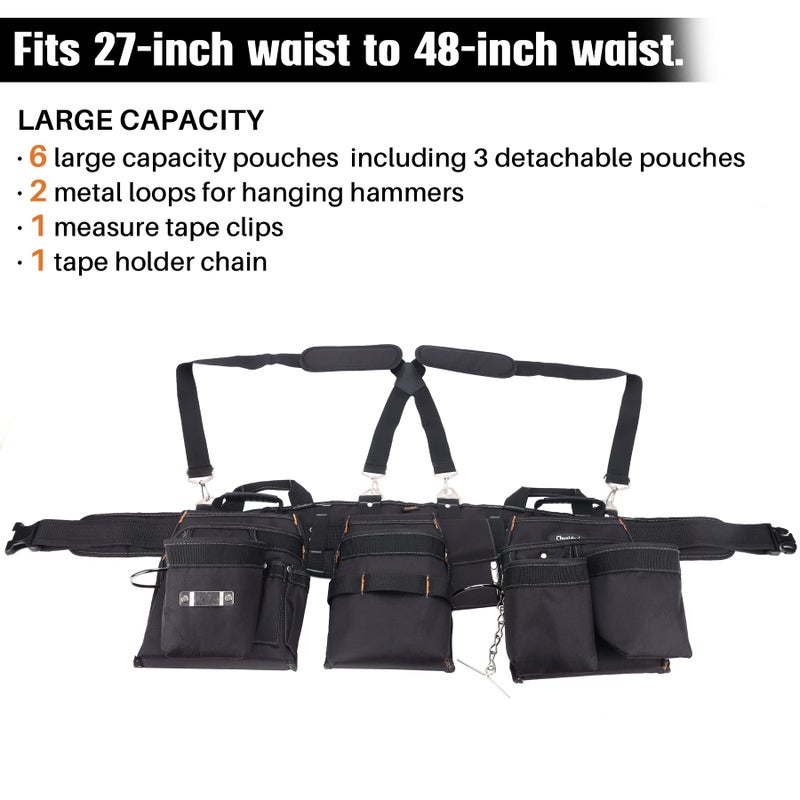 Chyaidach 16-Pockets Tool Belts for man with Suspenders, Detachable & Adjustable Tool Pouches Bag & Back Support Tool belt Combo For Electrician/Carpenter/Construction/Framers/Handyman - Image 5