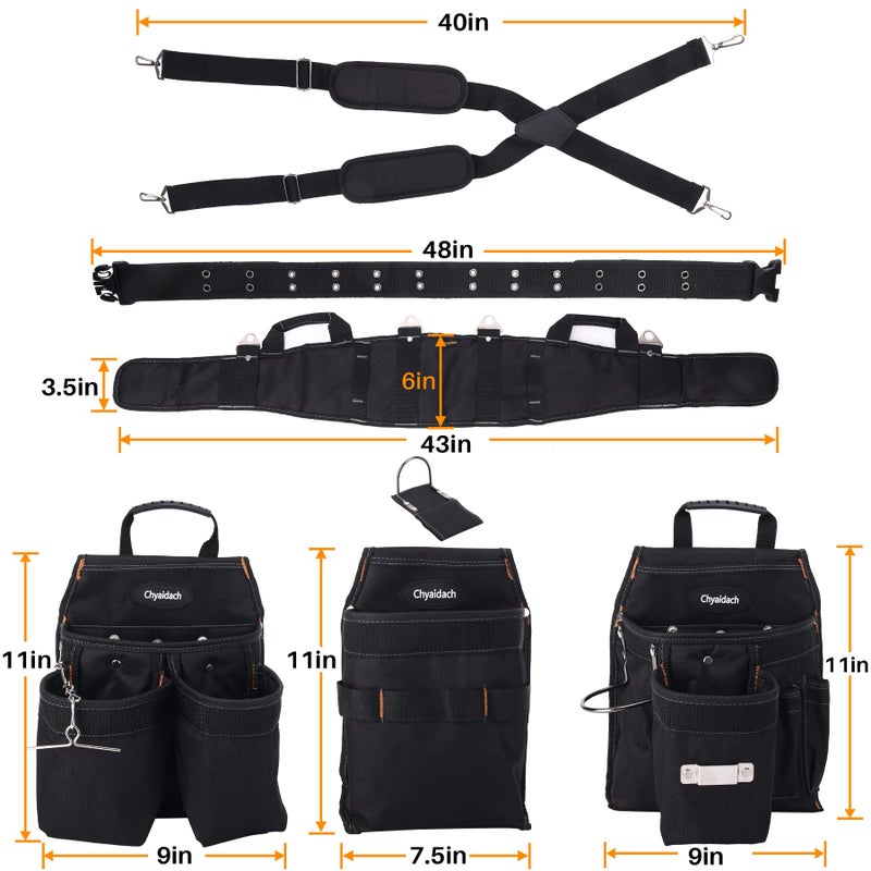 Chyaidach 16-Pockets Tool Belts for man with Suspenders, Detachable & Adjustable Tool Pouches Bag & Back Support Tool belt Combo For Electrician/Carpenter/Construction/Framers/Handyman - Image 4