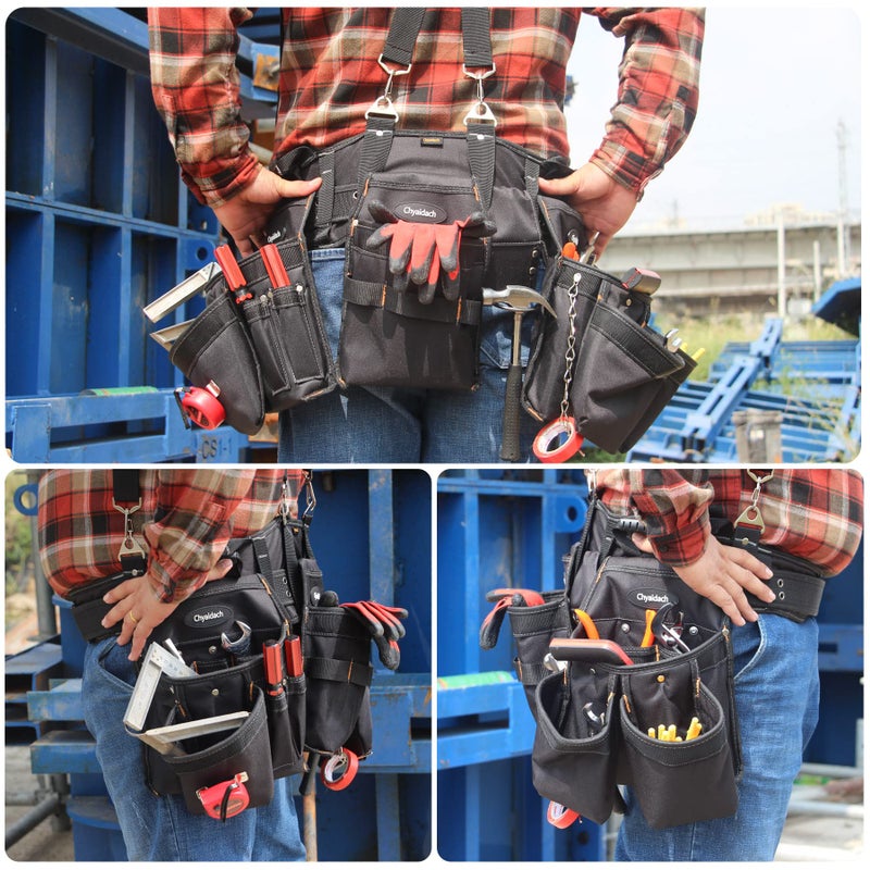 Chyaidach 16-Pockets Tool Belts for man with Suspenders, Detachable & Adjustable Tool Pouches Bag & Back Support Tool belt Combo For Electrician/Carpenter/Construction/Framers/Handyman - Image 2