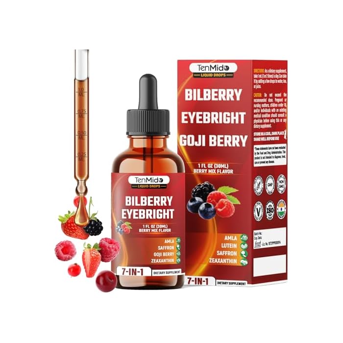 Tenmido Bilberry Extract Liquid - 7in1 Herbal Supplements with Eyebright, Goji Berry, Amla, Lutein, Zeaxanthin, and Saffron - Vegan, Non-GMO - 30ml 1 Fl Oz - Image 1
