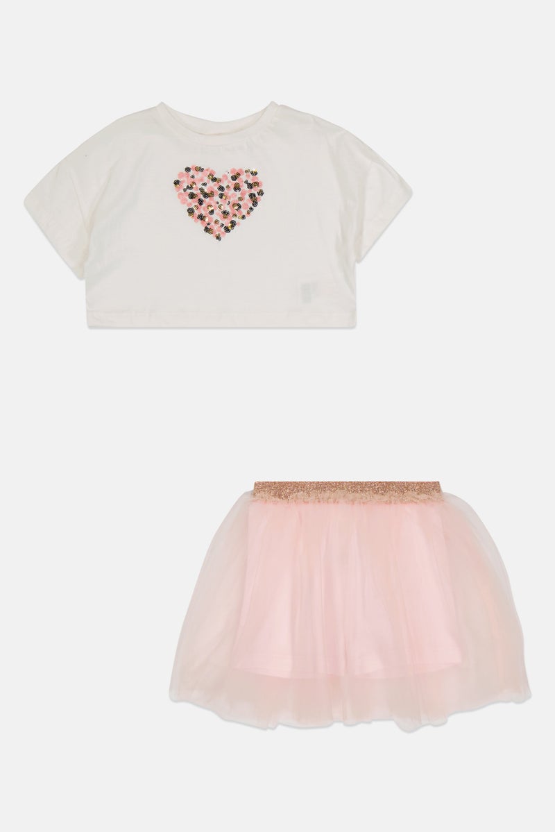 MISS Toddlers Girl 2 Piece Embellished Short Sleeve T-shirt And Skirt, Multicolor - Image 1
