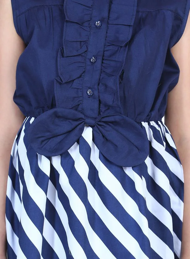 Styli Ruffle Front Bow Detail Striped Skater Dress