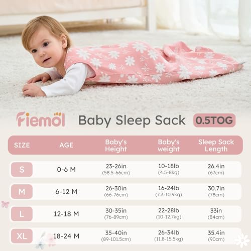 FIEMOL Baby Sleep Sack 0-6 months, 100% Cotton Sleeping Sack for Newborn and Infant, 3 Pack Baby Wearable Blanket, 0.5 Tog Lightweight Double Zipper Sleep Bag Small Pink Butterfly Flower - Image 4