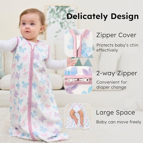 FIEMOL Baby Sleep Sack 0-6 months, 100% Cotton Sleeping Sack for Newborn and Infant, 3 Pack Baby Wearable Blanket, 0.5 Tog Lightweight Double Zipper Sleep Bag Small Pink Butterfly Flower - Image 2