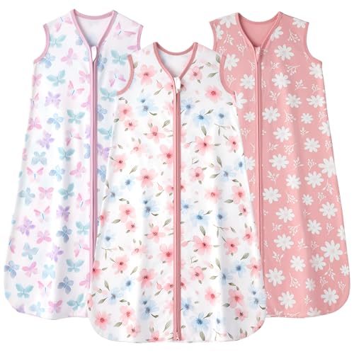 FIEMOL Baby Sleep Sack 0-6 months, 100% Cotton Sleeping Sack for Newborn and Infant, 3 Pack Baby Wearable Blanket, 0.5 Tog Lightweight Double Zipper Sleep Bag Small Pink Butterfly Flower - Image 1